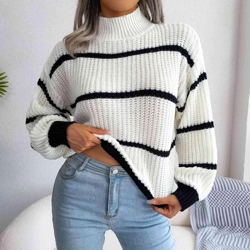 Special Discount Striped Mock Neck Dropped Shoulder Sweater