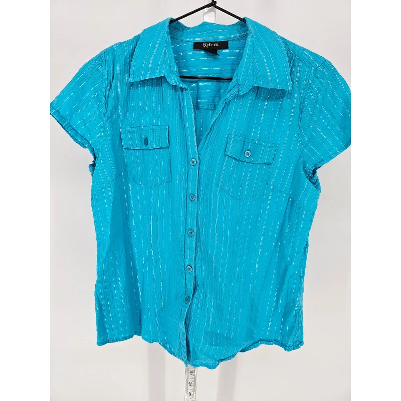 Buy More, Save More Style & Co Womens Sz 12 Short Sleeve Button Up Blouse Blue Metallic Weave Buy More, Save More Style & Co Womens Sz 12 Short Sleeve Button Up Blouse Blue Metallic Weave