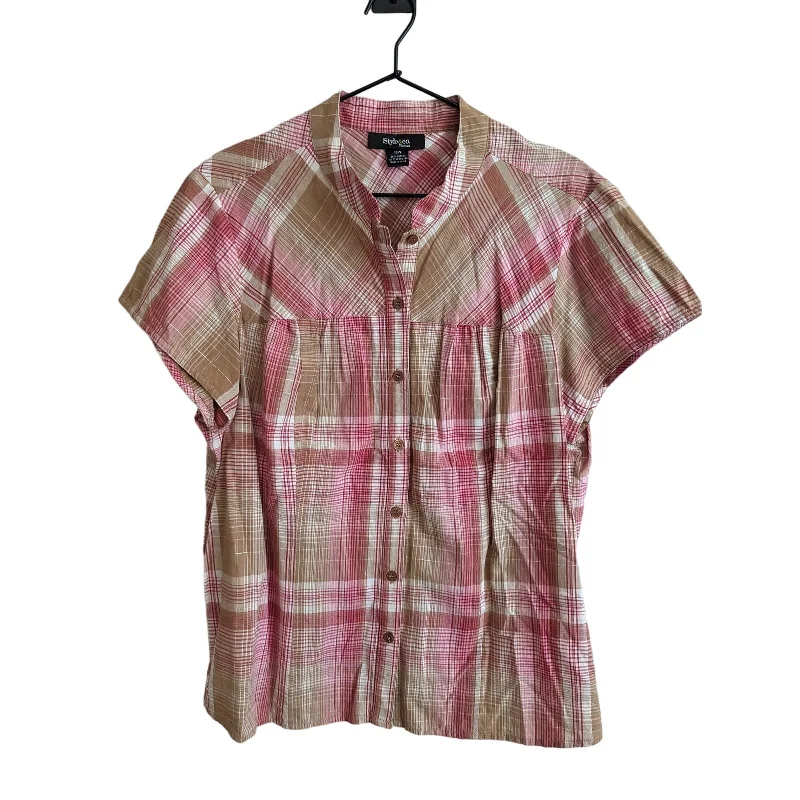 Online Only Style & Co Womens Sz 16W Short Sleeve Button Down Shirt Pink Tan Plaid