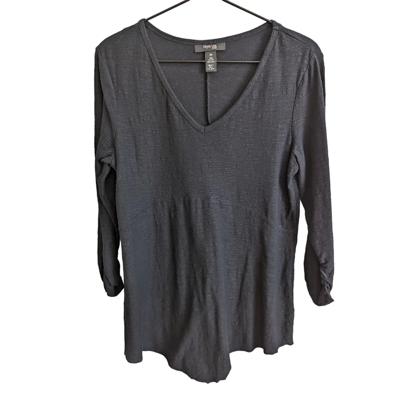 Super Bargain Style & Co Womens Sz PM Petite Cotton Linen Blend V Neck Black Long Sleeve
