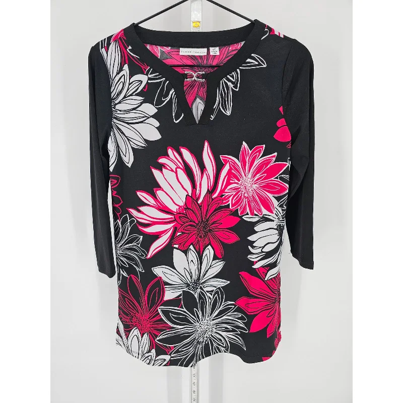 Great Deals Susan Graver Womens Sz XXS Long Sleeve Blouse Black Pink Bold Floral Print