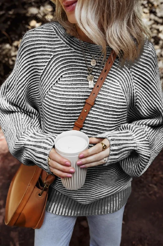 Blowout Deals Textured Striped Round Neck Long Sleeve Top