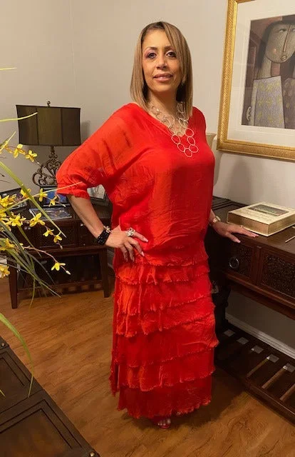 Shop and Save The Anicoletta's Tiered Ruffle Italian Silk Blouse and Maxi Skirt Set