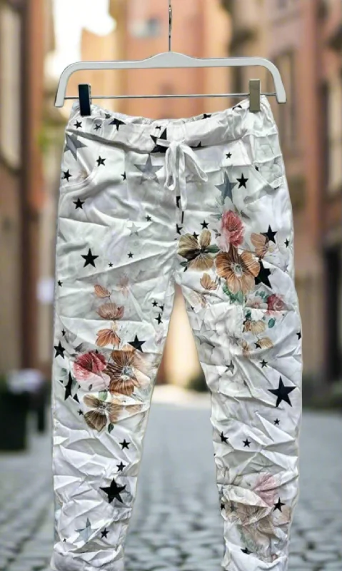 Customer Appreciation Sale The Stars and Vivid Flowers Print Italian Crinkle Joggers