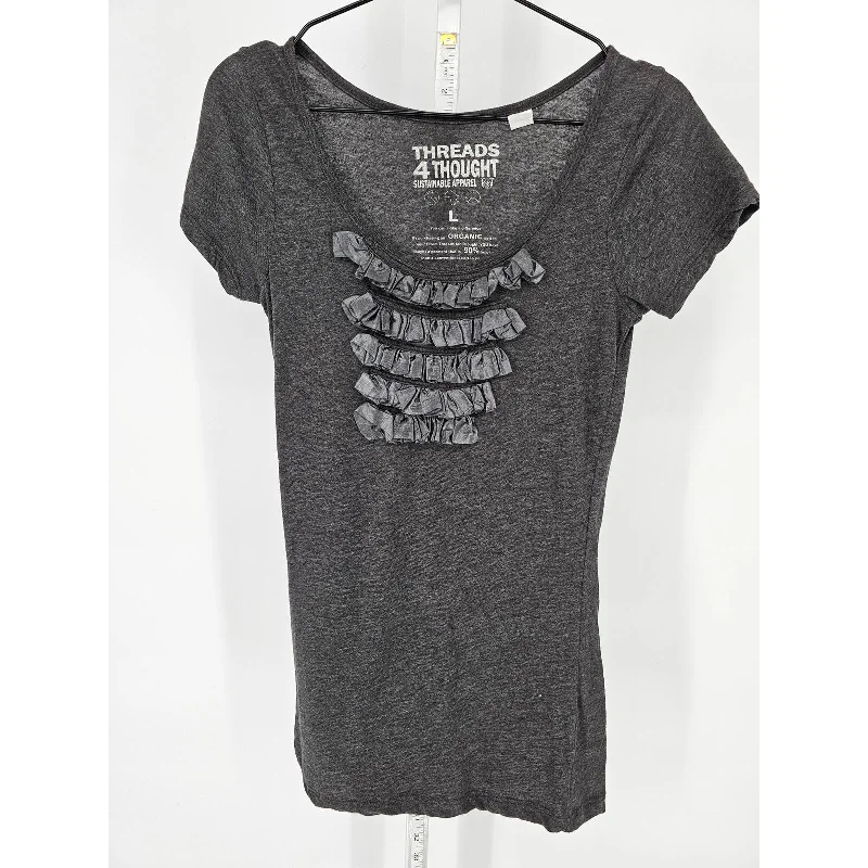 Great Bargains Threads 4 Thought Womens Sz L Scoop Neck Short Sleeve T Shirt Gray Ruffled Front