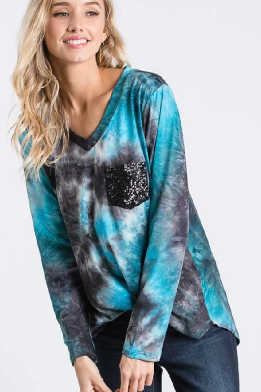 Deal Alert Turquoise Tie Dye Top with Black Sequin Pocket REG & PLUS