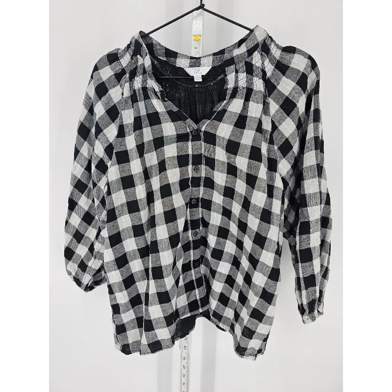 Limited Availability Time and Tru Womens L Balloon Sleeve Button Up Blouse Black White Buffalo Plaid