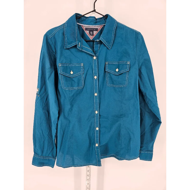 Incredible Offers Tommy Hilfiger Womens Sz L Long Sleeve Button Up Top Blue Thick Knit