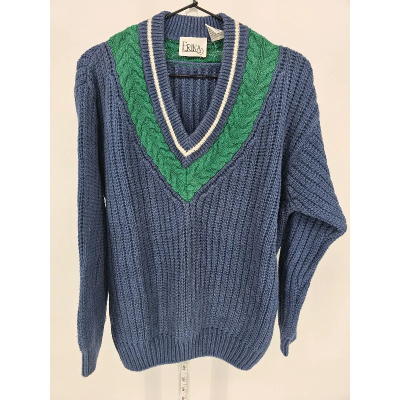 Deal Zone Vintage 1990s Erika Womens Sz L Deep V Neck Preppy Knit Sweater Blue Green
