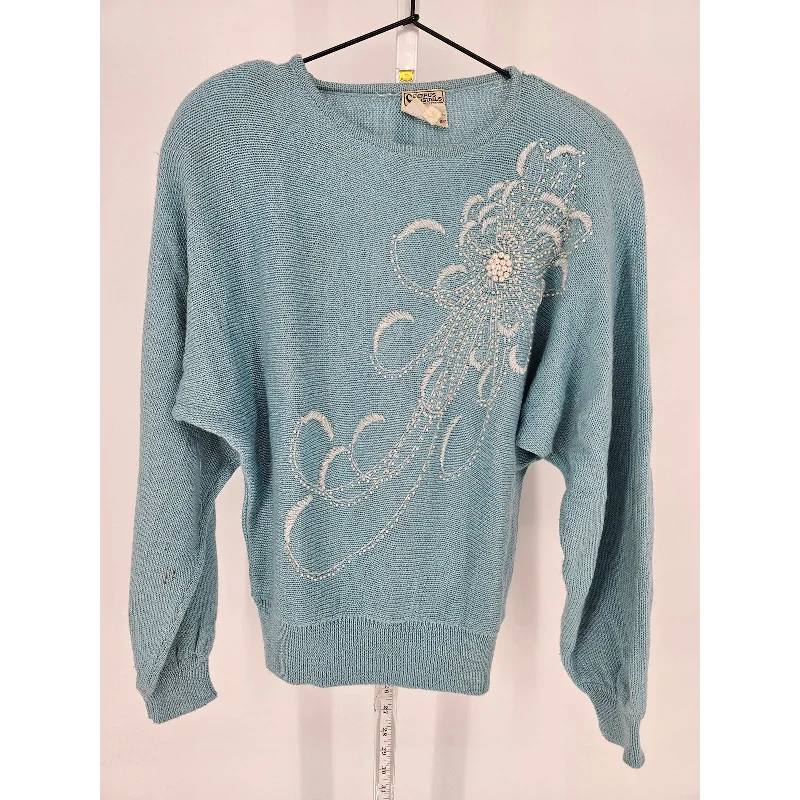 Value Deals Vintage Campus Casuals Womens Sz L Wool Blend Sweater Light Blue Embroidered