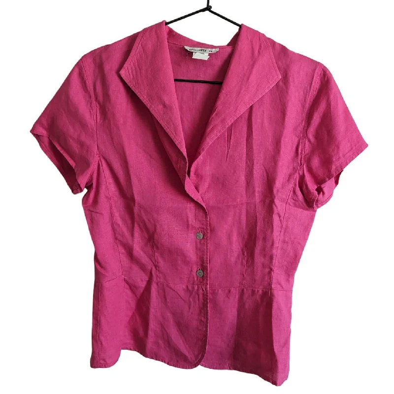 Price Drop Alert Vintage David N Womens Sz M 100% Hanky Linen Button Front Blouse Pink Short Sleeve