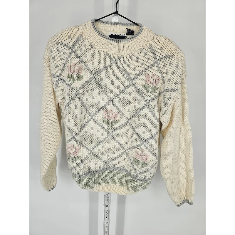 New Markdowns Vintage Hunters Run Womens Sz L Hand Knit Sweater White Gray Floral Crew Neck