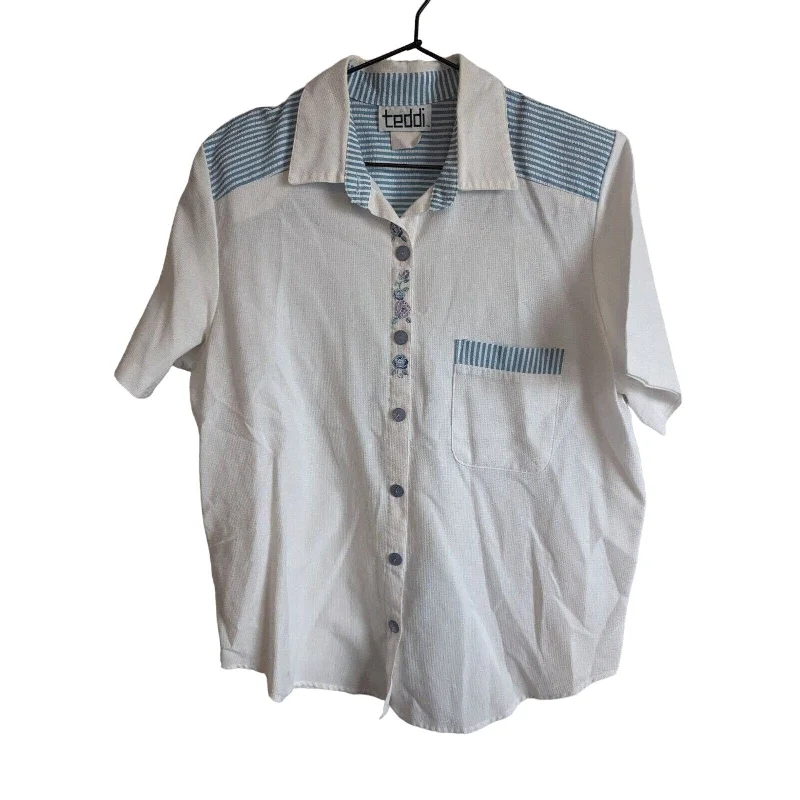 Amazing Deals Vintage Teddi Womens Sz L Short Sleeve Button Up Blouse Blue White 1980s Amazing Deals Vintage Teddi Womens Sz L Short Sleeve Button Up Blouse Blue White 1980s