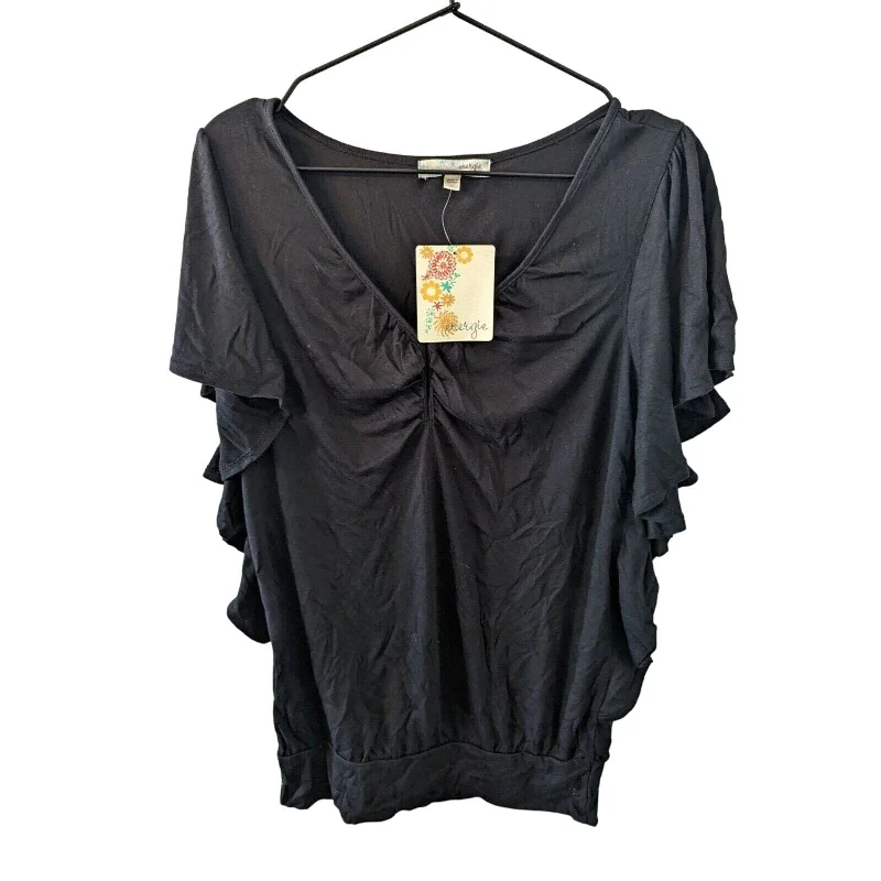 Seasonal Sale Vintage Y2K Energie Womens Sz L Solid Black Flutter Sleeve Blouse NEW