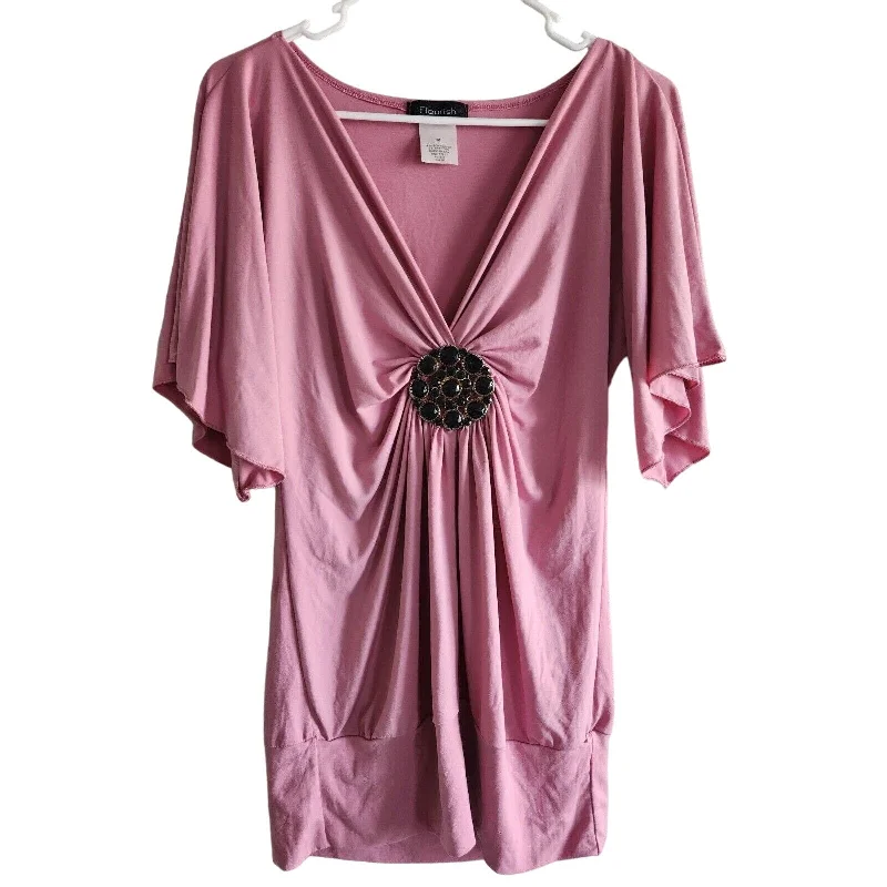 Incredible Offers Vintage Y2K Fleurish Womens Sz M Tunic Top Pink Black Rhinestones