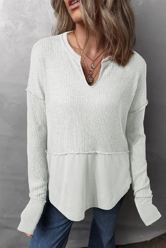 Discount Mania Waffle-Knit Exposed Seam Notched Long Sleeve Top