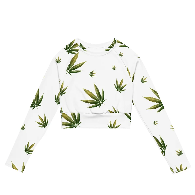 New Deals White Cannabis Leaf  Recycled Long Sleeve Crop Top