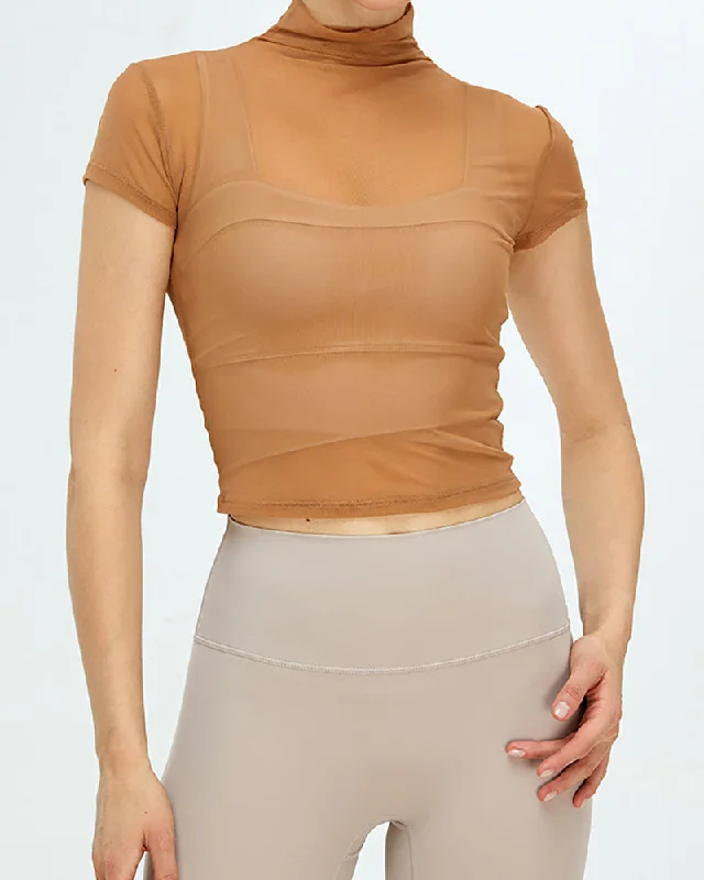 Discount Deals Woman Breathable High Neck Elegant Classy Mesh Quick Drying Sports Fitness Short Sleeve Top Black White Orange Purple Brown S-XL