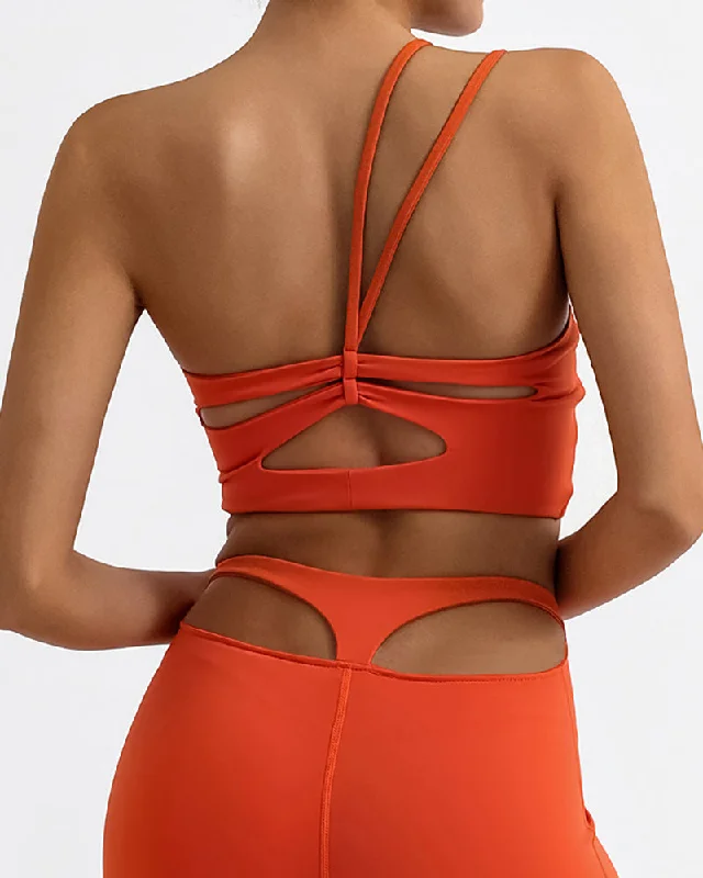 Price Rollback Women One Shoulder Back Criss Cross Quick-Drying Sports Bra Orange Khaki Black White S-L