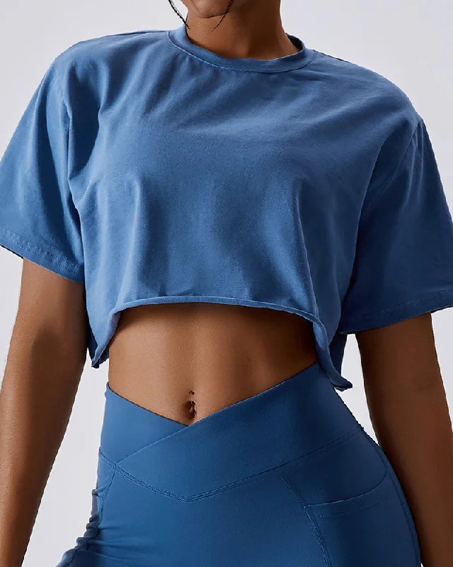 Midnight Sale Women Short Sleeve Solid Color Round Neck Cropped Fit Outside Sport Wear Crop Running T-shirt Green Black Purple White Blue 8-14