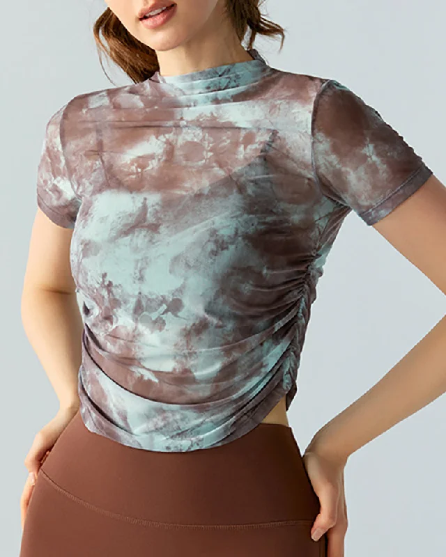 Deal Explosion Women Short Sleeve Tie Dye Mesh Sports Breathable Sports Cover T-shirt S-XL