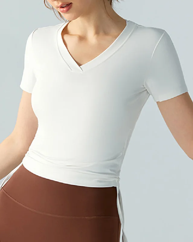 Act Fast Women Short Sleeve V-neck Drawstring Slim Sports T-shirt S-XL