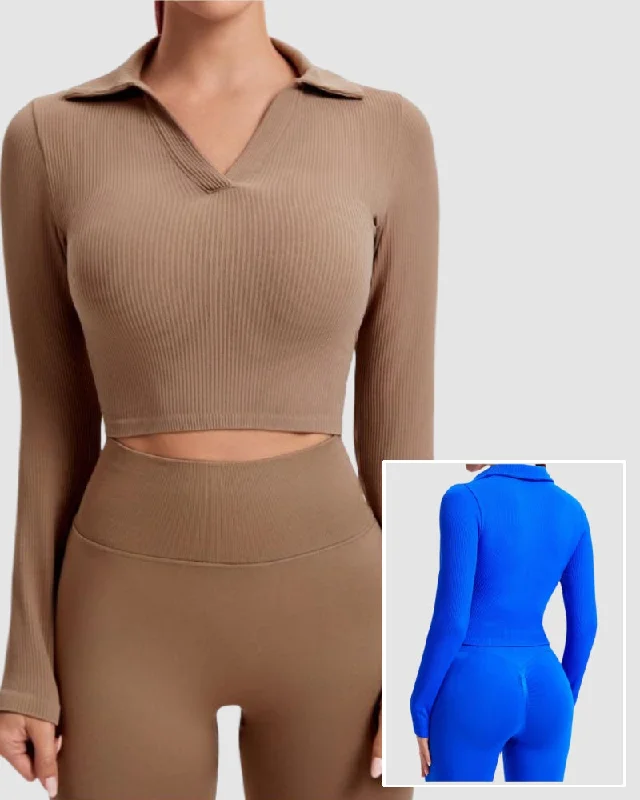 Special Discount Women Slim V Neck Lapel Polo Shirt Yoga Long Sleeve Top S-L
