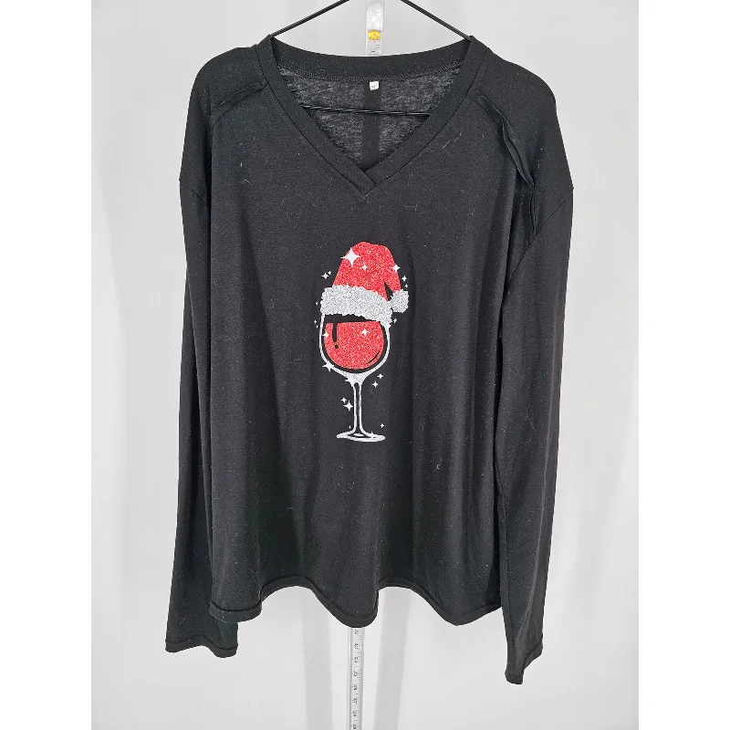 Price Blitz Womens Sz 2XL Long Sleeve V Neck T Shirt Christmas Santa Hat Wine Glass