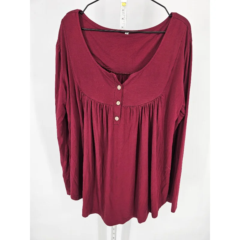 Overstock Sale Womens Sz 3XL Long Sleeve Blouse Dark Burgundy Red Henley Style