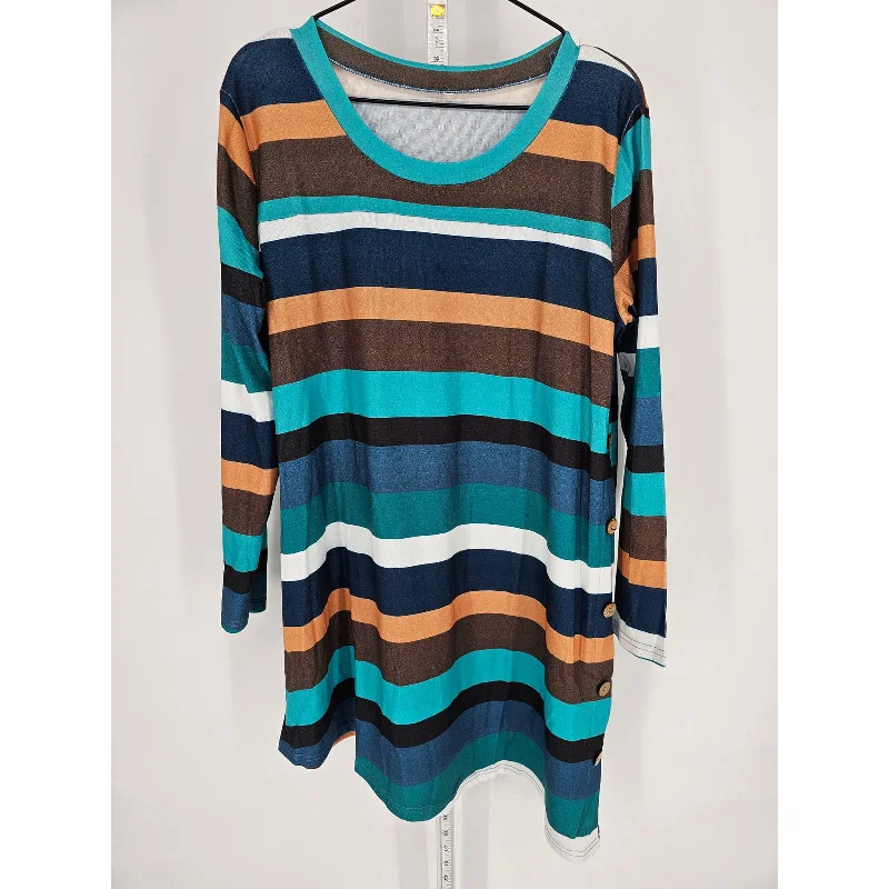 Exclusive Access Womens Sz XXL Long Sleeve Tunic Top Striped Green Blue Brown Button Side Exclusive Access Womens Sz XXL Long Sleeve Tunic Top Striped Green Blue Brown Button Side