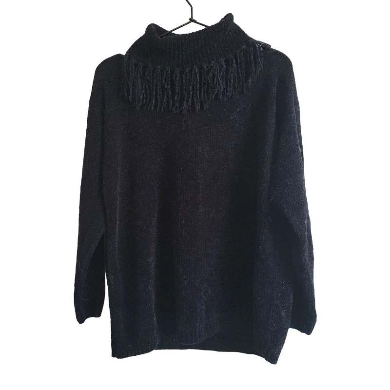 Clearance Sale Yarnwork Petite PM Womens Cowl Neck Sweater Fringe Black Neckline