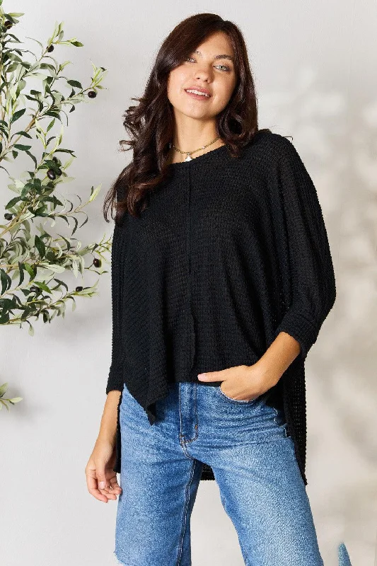 Act Fast Full Size Round Neck High-Low Slit Knit Top